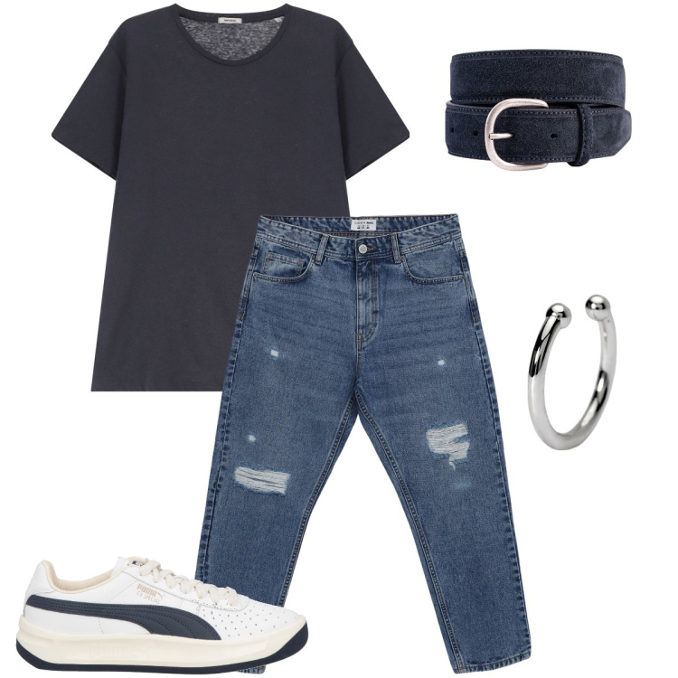 Outfit uomo - Casual di giorno. Stile Casual per Tutti i giorni. Abbinamento con sneakers, jeans strappati, orecchini, t-shirt, cinture.
