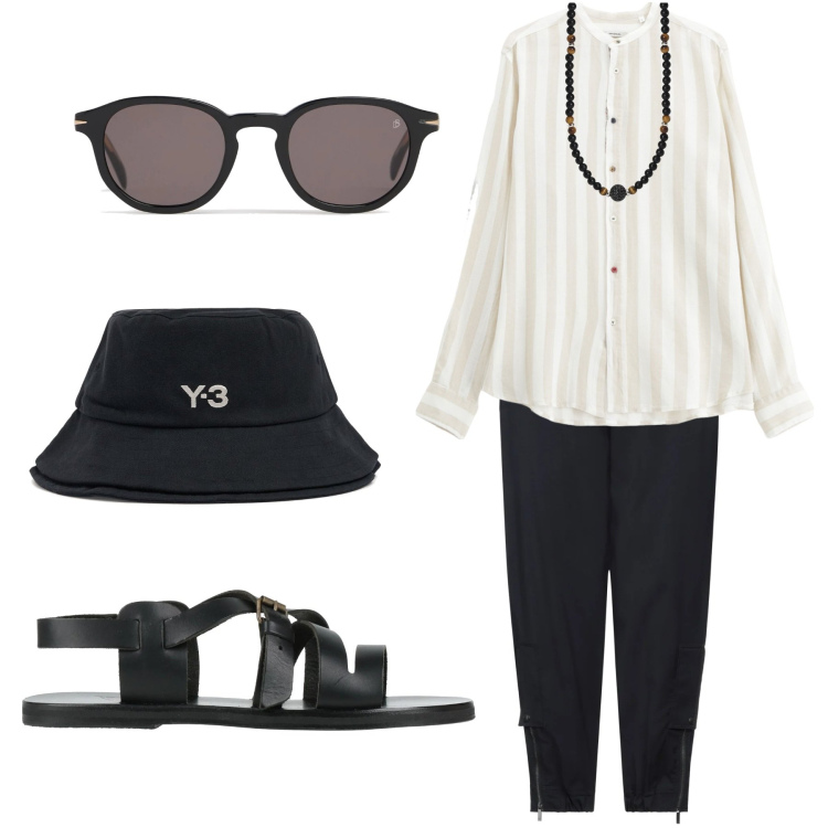 Outfit uomo - Ancient Greek Sandals. Stile Trendy per Tutti i giorni. Abbinamento con sandali, pantaloni, collane, camicie, occhiali da sole, cappelli.