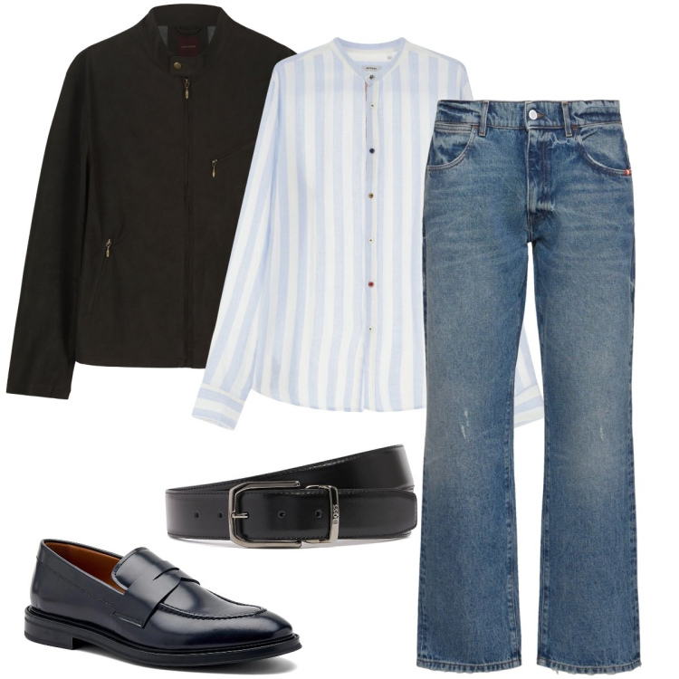 Outfit uomo - Stasera si esce. Stile Business/Elegante per Serata speciale. Abbinamento con camicie, giacche, cinture, jeans, scarpe stringate.