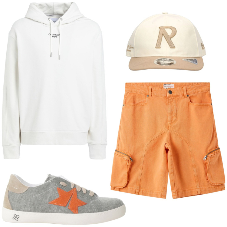 Outfit uomo - Total look #2172236. Stile Urban per Tutti i giorni. Abbinamento con felpe con cappuccio, pantaloni corti, sneakers, cappelli.