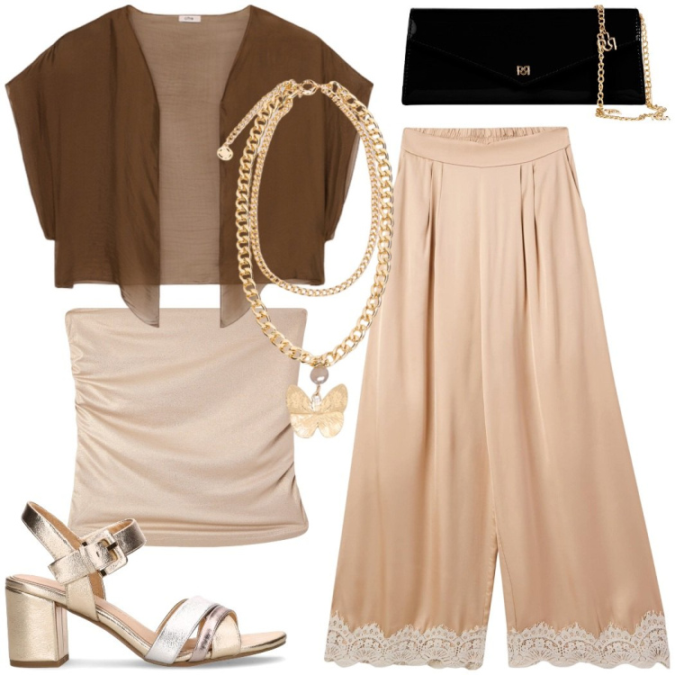 Outfit donna - Seta al tramonto. Stile Chic per Cerimonia. Abbinamento con pantaloni a palazzo, top, pochette, collane, sandali col tacco, bolero.