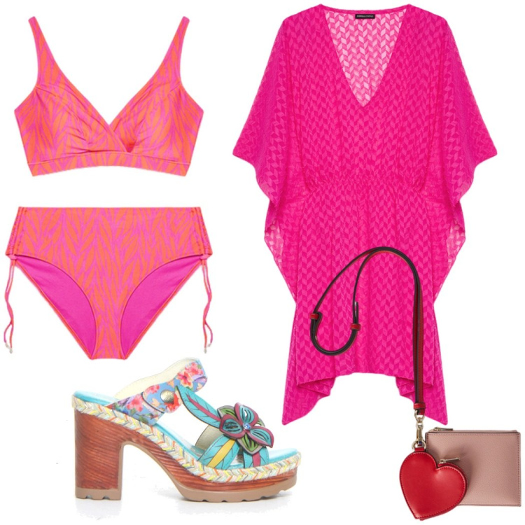 Outfit donna - Destinazione mare. Stile Casual chic per Mare. Abbinamento con ciabatte, bikini, caftani, portafogli.