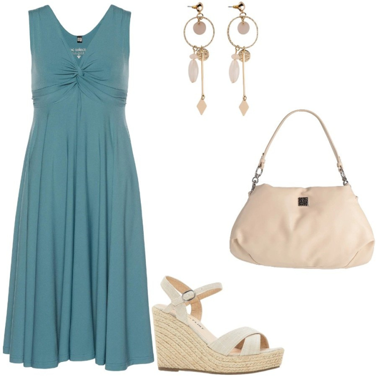 Outfit donna - Il dettaglio del nodo. Stile Casual chic per Tutti i giorni. Abbinamento con vestiti, orecchini, sandali, borse a mano.