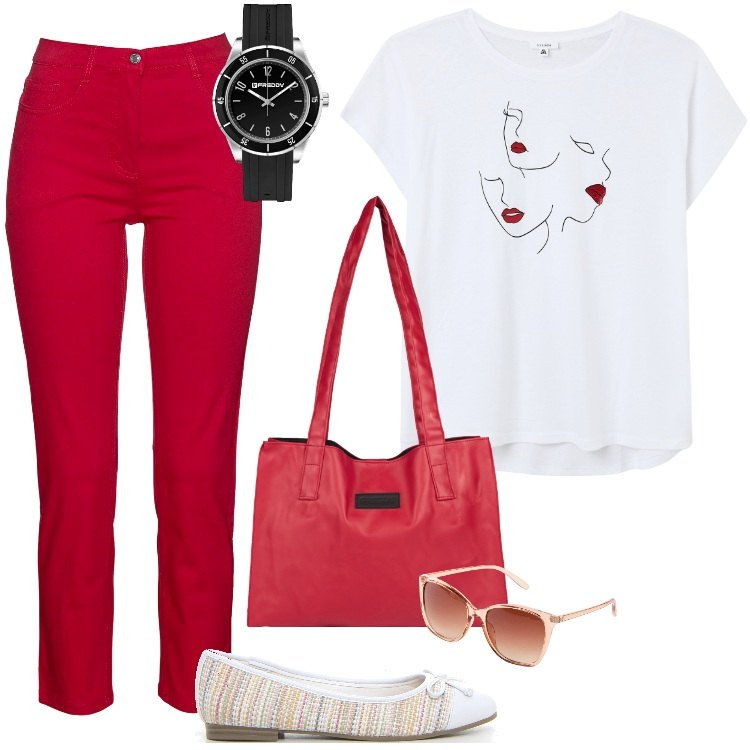 Outfit donna - Total look #2172265-2. Stile Basic per Tutti i giorni. Abbinamento con pantaloni, occhiali da sole, t-shirt, orologi, shopping bag, ballerine.