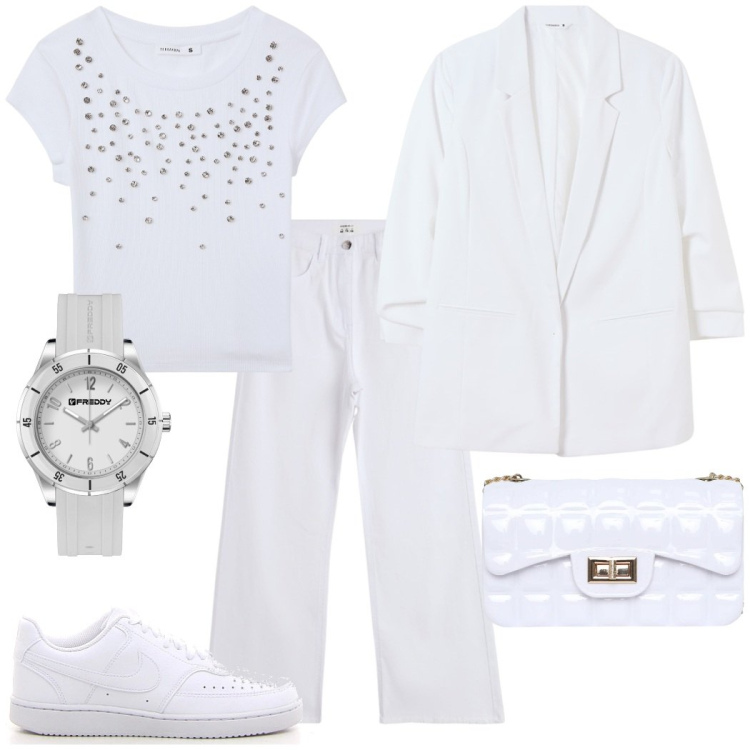 Outfit donna - Bianco su bianco. Stile Casual chic per Tutti i giorni. Abbinamento con blazer, t-shirt, pantaloni, borse a tracolla, orologi, sneakers.