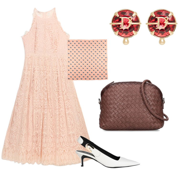 Outfit donna - Vacanze un Grecia. per Mare. Abbinamento con sciarpe, décolleté, orecchini, vestiti midi/longuette, borse a spalla.