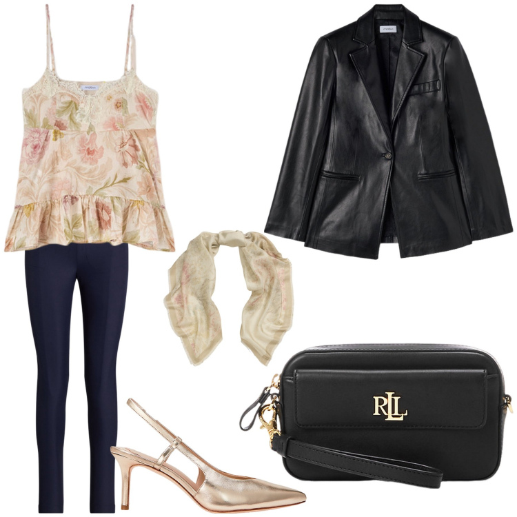Outfit donna - Metti una sera a ballare. Stile Rock per Serata fuori. Abbinamento con pochette, pantaloni, décolleté, foulard, blazer, top.