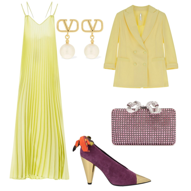 Outfit donna - Vacanze eleganti. per Serata fuori. Abbinamento con décolleté, vestiti lunghi, blazer, orecchini, pochette.