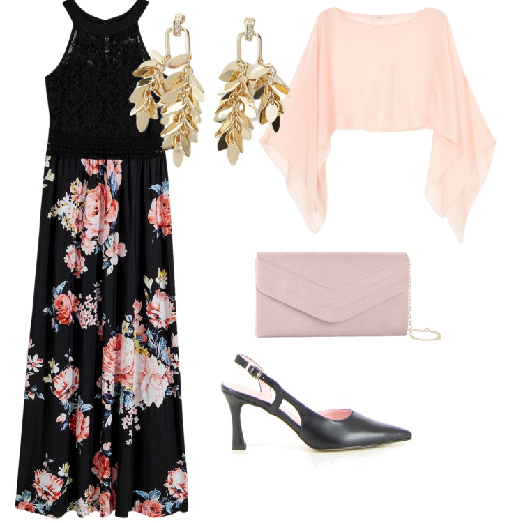 Outfit donna - Cerimonia al chiaro di luna. per Serata fuori. Abbinamento con vestiti lunghi, pochette, orecchini, décolleté, bolero.