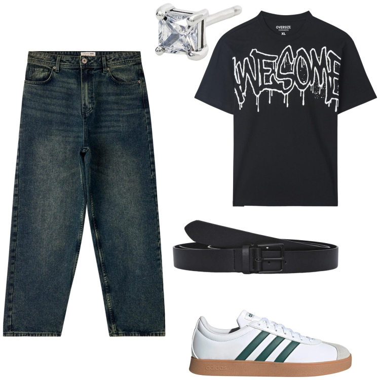Outfit uomo - Accessori minimal. Stile Trendy per Tutti i giorni. Abbinamento con t-shirt, cinture, jeans, orecchini, sneakers.