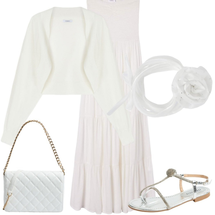 Outfit donna - Serate estive. Stile Casual chic per Serata fuori. Abbinamento con collane, vestiti lunghi, ciabatte, borse a tracolla, blazer.
