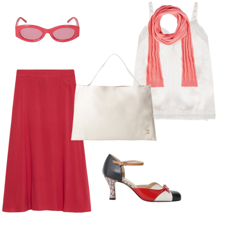 Outfit donna - La bella stagione. per Tutti i giorni. Abbinamento con sciarpe, borse a spalla, décolleté, canottiere, occhiali da sole, gonne longuette.