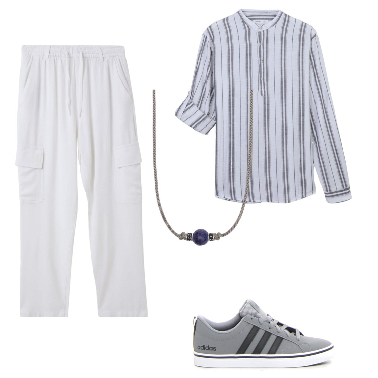 Outfit uomo - Sneakers inaspettate?. Stile Casual per Tutti i giorni. Abbinamento con camicie, pantaloni cargo, collane, sneakers.