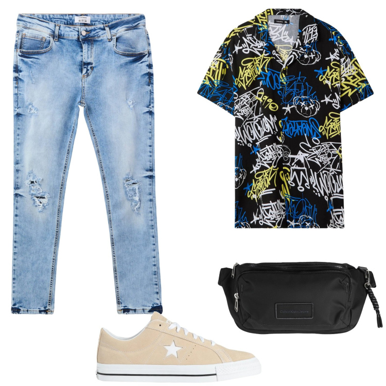 Outfit uomo - Una camicia "eccentrica". Stile Trendy per Tutti i giorni. Abbinamento con borse sportive, sneakers, jeans strappati, camicie a manica corta.