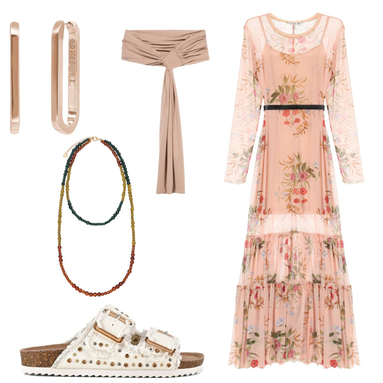 Outfit donna - Tramonto romantico in spiaggia. Stile Glamour per Serata fuori. Abbinamento con orecchini, vestiti lunghi, sandali, ciondoli, scialli.