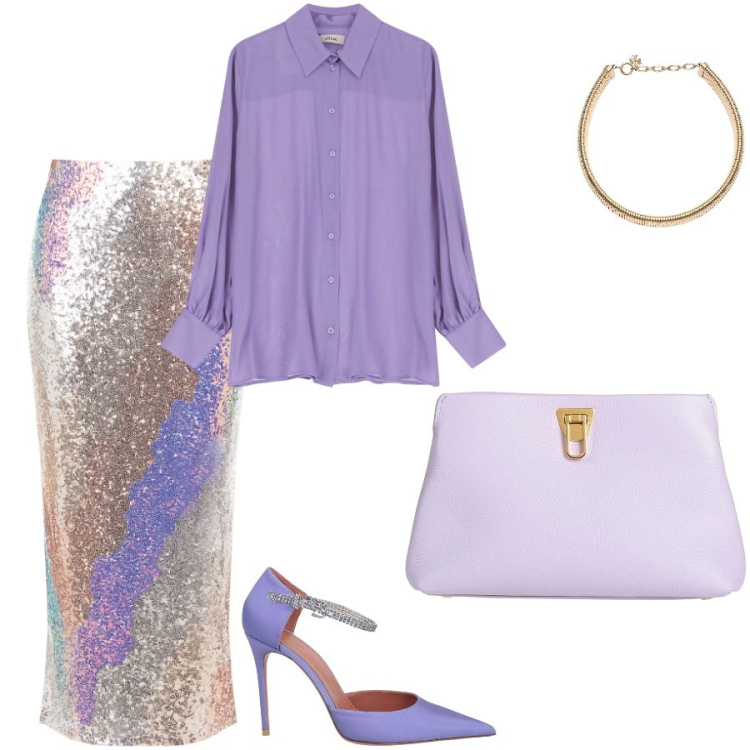 Outfit donna - Matrimonio dress code : informale. Stile Glamour per Cerimonia. Abbinamento con décolleté, borse a mano, collane, camicie, gonne longuette.