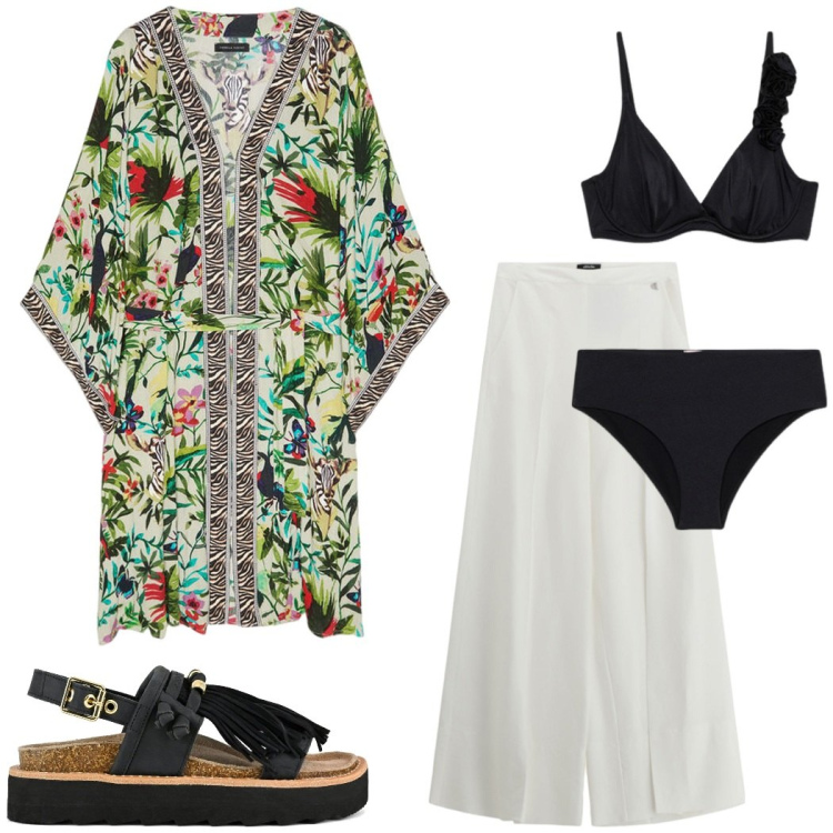 Outfit donna - In vacanza al mare. Stile Etnico per Mare. Abbinamento con pantaloni a palazzo, caftani, bikini, sandali.