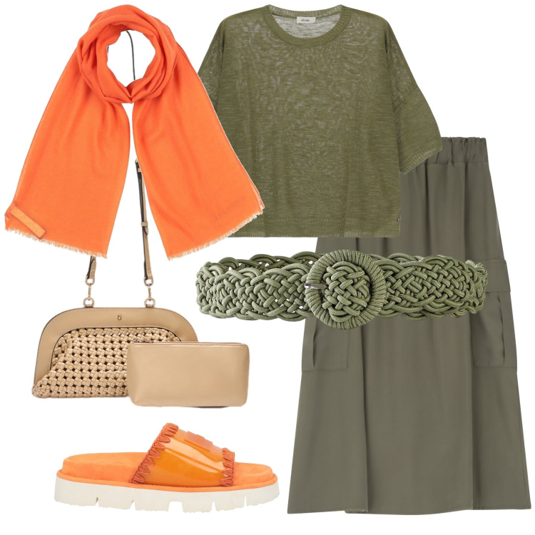 Outfit donna - Total look #2172291. Stile Casual chic per Tutti i giorni. Abbinamento con cinture, sandali, sciarpe, gonne lunghe, pullovers, clutch.