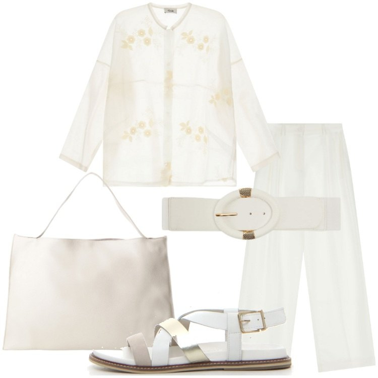 Outfit donna - Armoniosa in bianco assoluto. Stile Basic per Tutti i giorni. Abbinamento con cinture, pantaloni, borse a spalla, camicie, sandali.