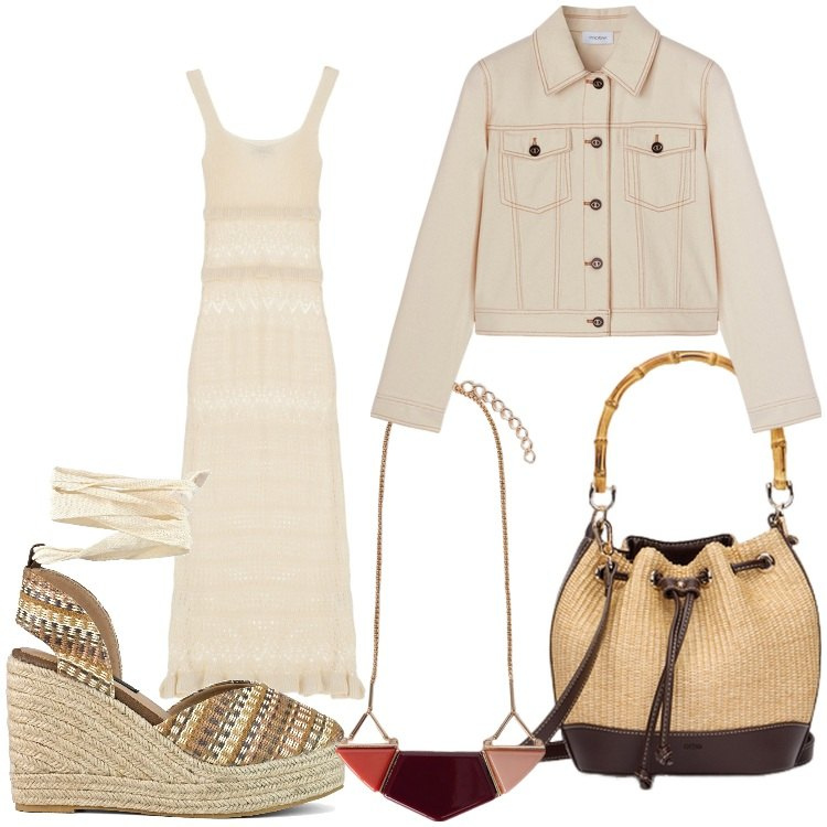 Outfit donna - Boho casual. Stile Casual chic per Serata fuori. Abbinamento con vestiti midi/longuette, zeppe, blazer, borse a secchiello, ciondoli.