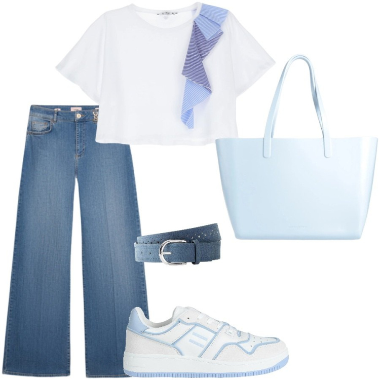 Outfit donna - Università. Stile Casual per Scuola/Università. Abbinamento con cinture, sneakers, borse a spalla, t-shirt, jeans.