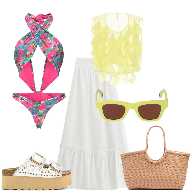 Outfit donna - Romantica in spiaggia. Stile Romantica per Mare. Abbinamento con gonne lunghe, top, sandali, costumi interi, shopping bag, occhiali da sole.