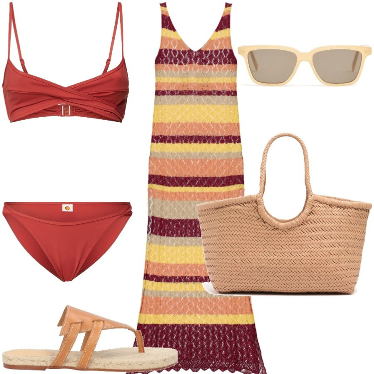 Outfit donna - Sun beach and relax. Stile Casual chic per Mare. Abbinamento con espadrillas, vestiti lunghi, bikini, shopping bag, occhiali da sole, bikini.