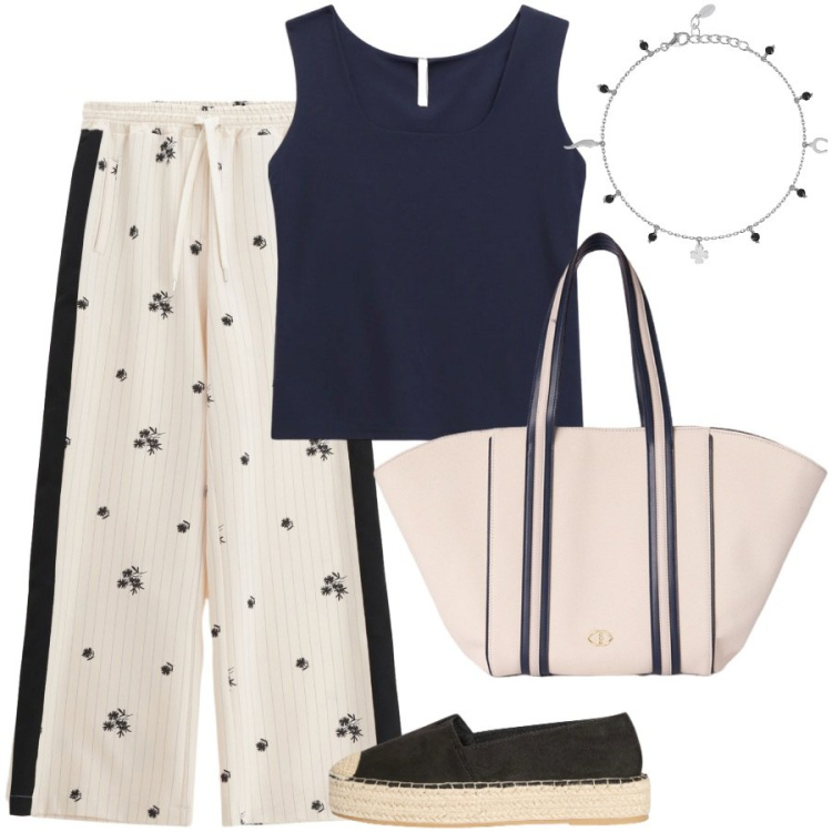 Outfit donna - Il pantalone con righe e fiori. Stile Casual chic per Tutti i giorni. Abbinamento con espadrillas, braccialetti con ciondoli, pantaloni, canottiere, shopping bag.