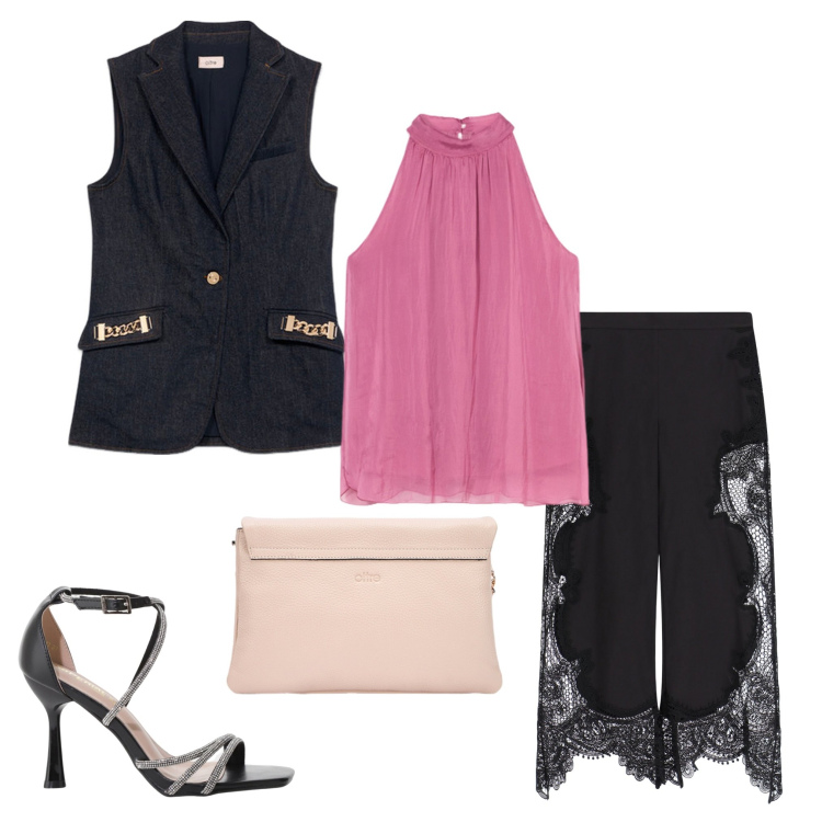 Outfit donna - Top di seta rosa. Stile Chic per Serata fuori. Abbinamento con sandali col tacco, pantaloni a palazzo, borse a tracolla, gilet, top.
