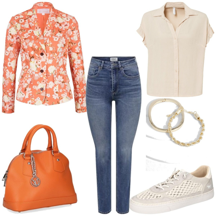 Outfit femme - Blazer à fleurs. Style Urban pour Bureau. Assortir avec blazers, chemises à manches courtes, bracelets, sacs à main, jeans, sneakers.