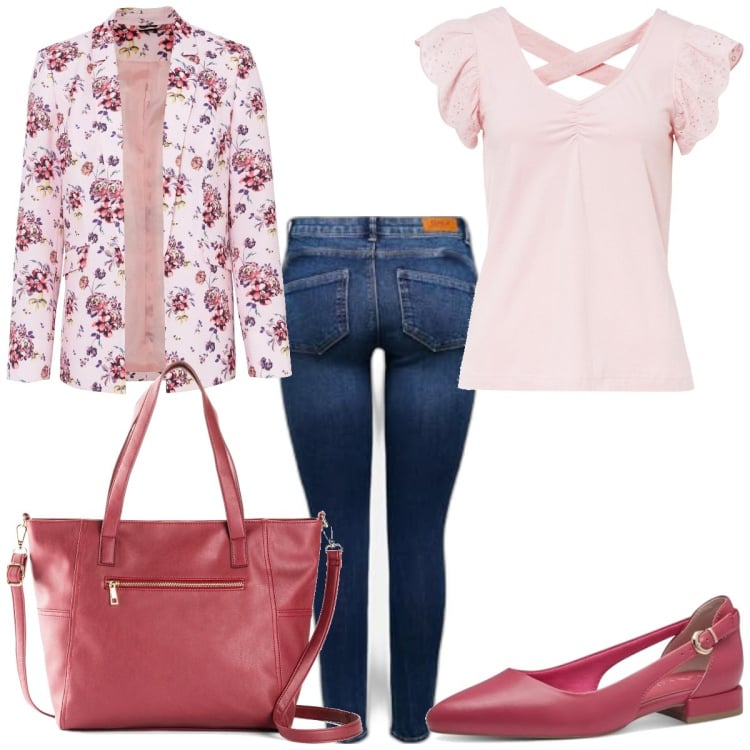 Outfit femme - Romantique #1882. Style Romantique pour Tous les jours. Assortir avec blazers, hauts, sac cabas, ballerines, jeans.