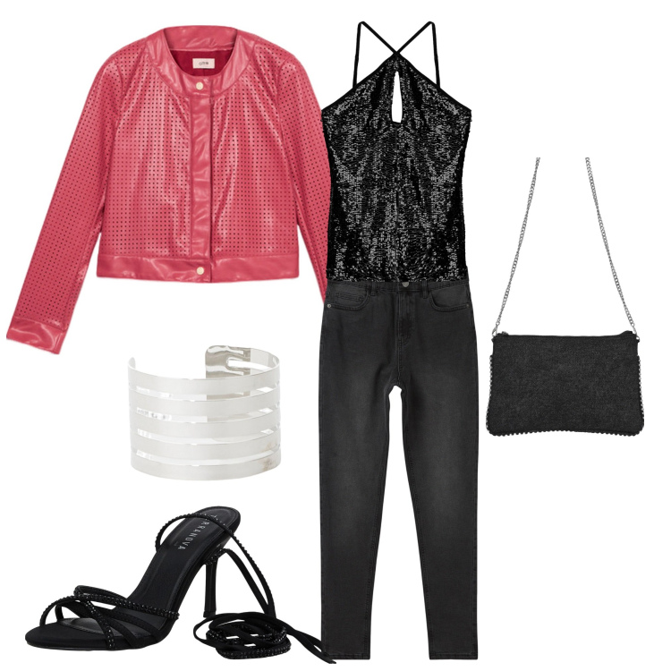 Outfit donna - Concerto rock. Stile Casual chic per Serata fuori. Abbinamento con jeans skinny, sandali alla schiava, borse a tracolla, top, braccialetti, giacche.