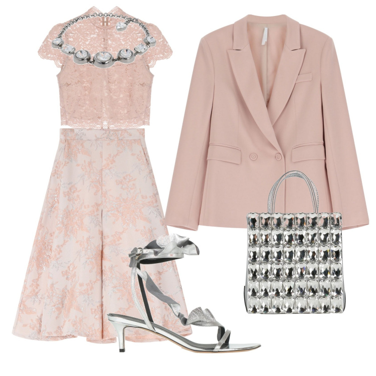 Outfit donna - Matrimonio imperial. Stile Casual chic per Cerimonia. Abbinamento con borse a mano, sandali in pelle, blazer, gonne, top, collane.