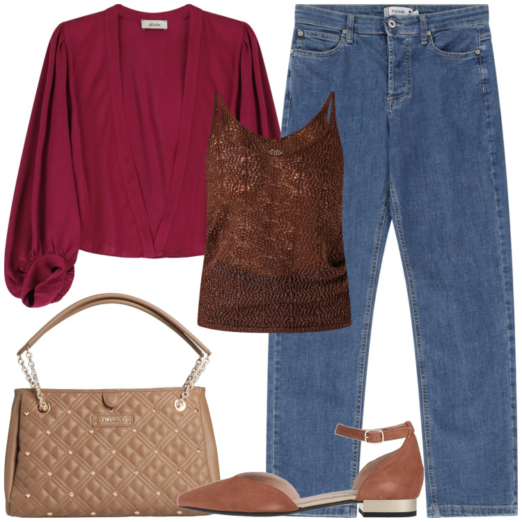 Outfit donna - Sporty chic. Stile Sporty chic per Tutti i giorni. Abbinamento con ballerine, borse a mano, gilet, top, jeans dritti.