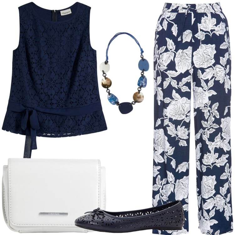 Outfit donna - Fiori e ballerine. Stile Casual chic per Tutti i giorni. Abbinamento con pantaloni a palazzo, ballerine, top, marsupi, collane.