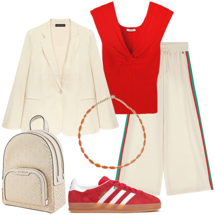 Outfit donna - Sporty chic. Stile Sporty chic per Tutti i giorni. Abbinamento con zaini, pantaloni, blazer, collane, sneakers, t-shirt.