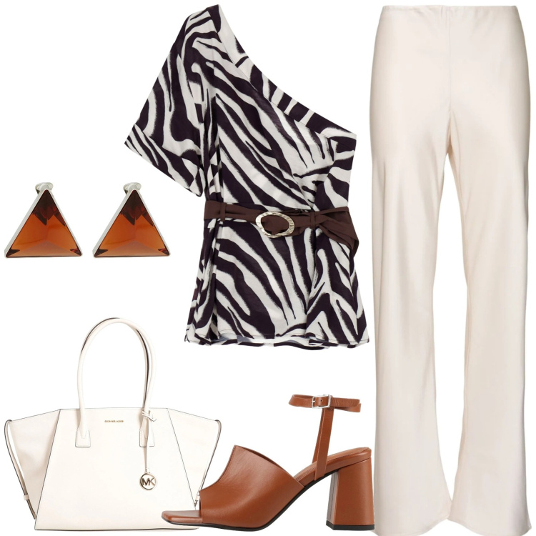 Outfit donna - Look ricercato. Stile Glamour per Tutti i giorni. Abbinamento con borse a mano, orecchini, sandali in pelle, top, pantaloni.
