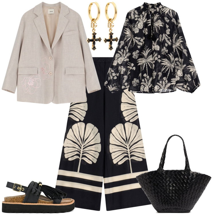 Outfit donna - Total look #2172370. Stile Etnico per Tutti i giorni. Abbinamento con blazer, camicie, pantaloni a palazzo, orecchini, shopping bag, sandali.