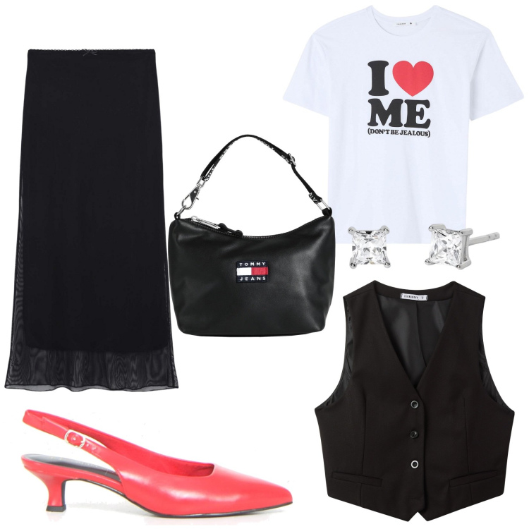 Outfit donna - Gli abiti parlano di noi. Stile Casual chic per Tutti i giorni. Abbinamento con borse a mano, gonne lunghe, t-shirt, gilet, orecchini, décolleté.