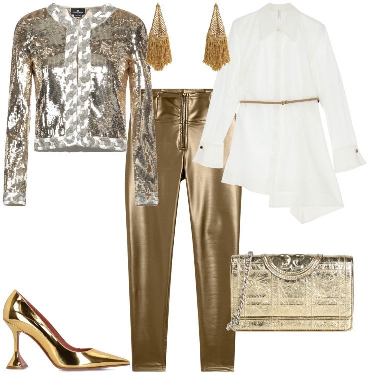 Outfit donna - Serata evento glamour. Stile Glamour per Serata fuori. Abbinamento con blazer, orecchini, borse a tracolla, camicie, pantaloni skinny, décolleté.