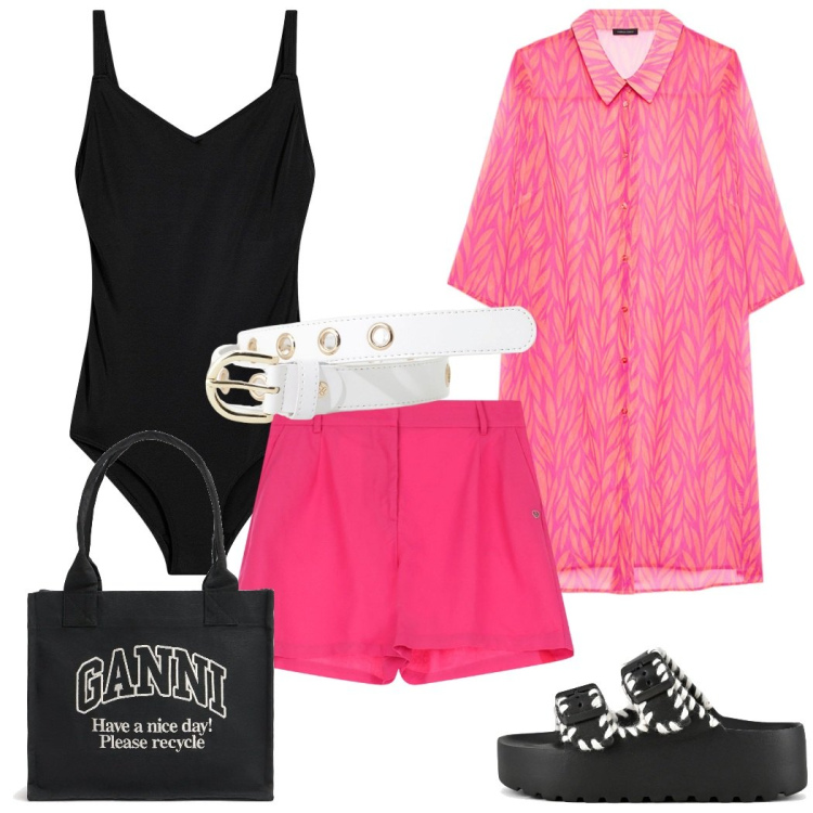 Outfit donna - Un costume tuttofare. Stile Casual chic per Mare. Abbinamento con costumi interi, shorts, cinture, ciabatte, caftani, shopping bag.