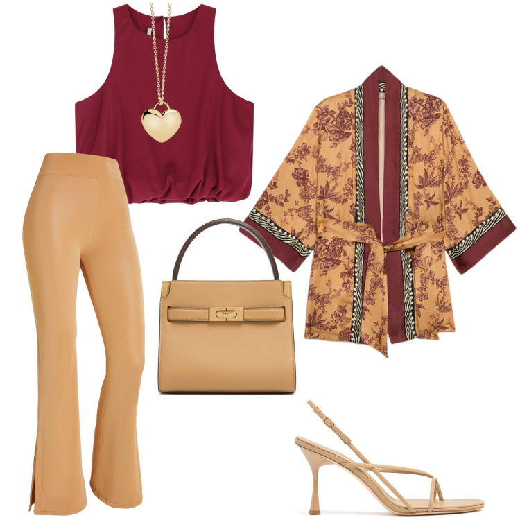 Outfit donna - Serata con amici a cena. Stile Casual chic per Serata fuori. Abbinamento con collane, top, pantaloni, kimono, sandali in pelle, borse a mano.