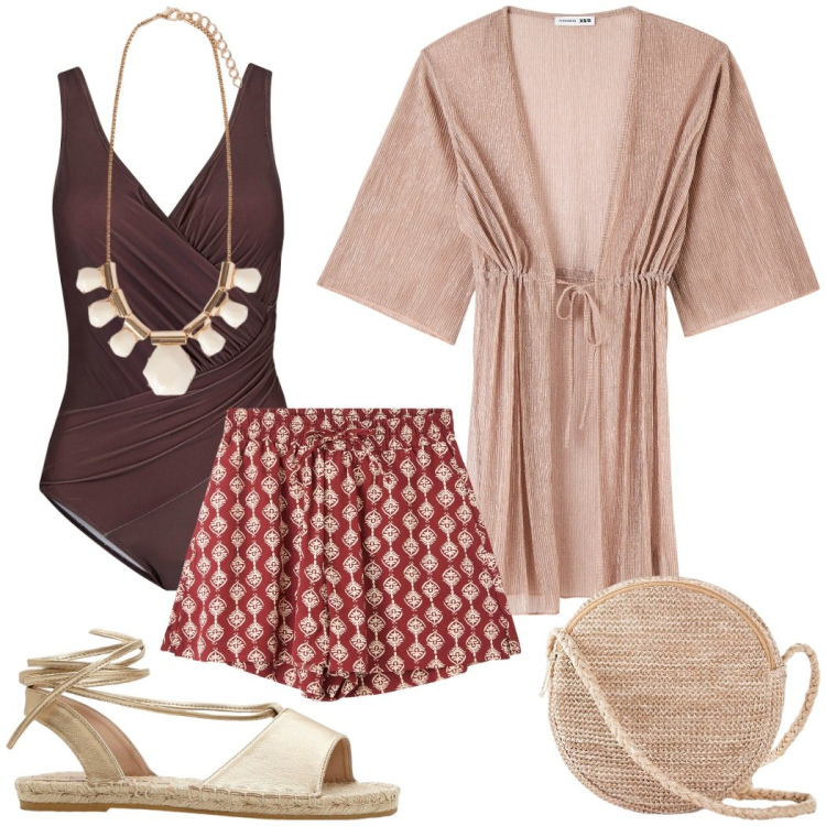 Outfit donna - Sulla spiaggia al tramonto. Stile Boho per Mare. Abbinamento con borse a tracolla, costumi interi, sandali, caftani, shorts, collane.