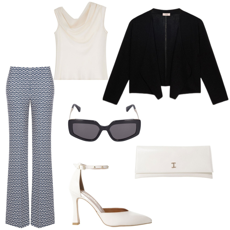 Outfit donna - Optical bianco e nero. Stile Bon Ton per Tutti i giorni. Abbinamento con décolleté, top, pochette, pantaloni, occhiali da sole, cardigans.