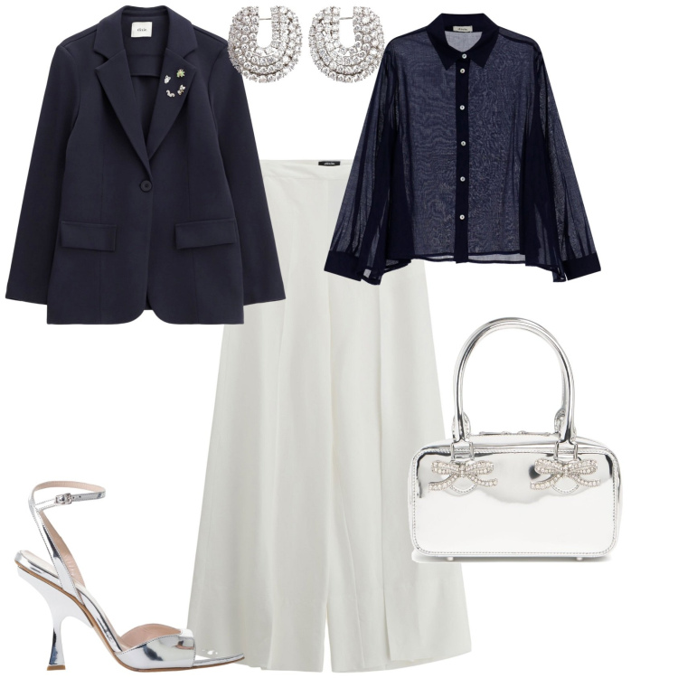 Outfit donna - Bon ton serata evento speciale. Stile Bon Ton per Serata fuori. Abbinamento con pantaloni a palazzo, décolleté, blazer, camicie, borse a mano, orecchini.