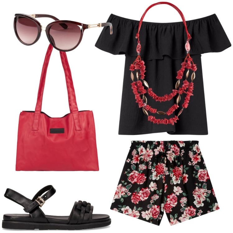 Outfit donna - Aperitivo in vacanza. Stile Casual chic per Mare. Abbinamento con occhiali da sole, bluse, shorts, shopping bag, collane, sandali.