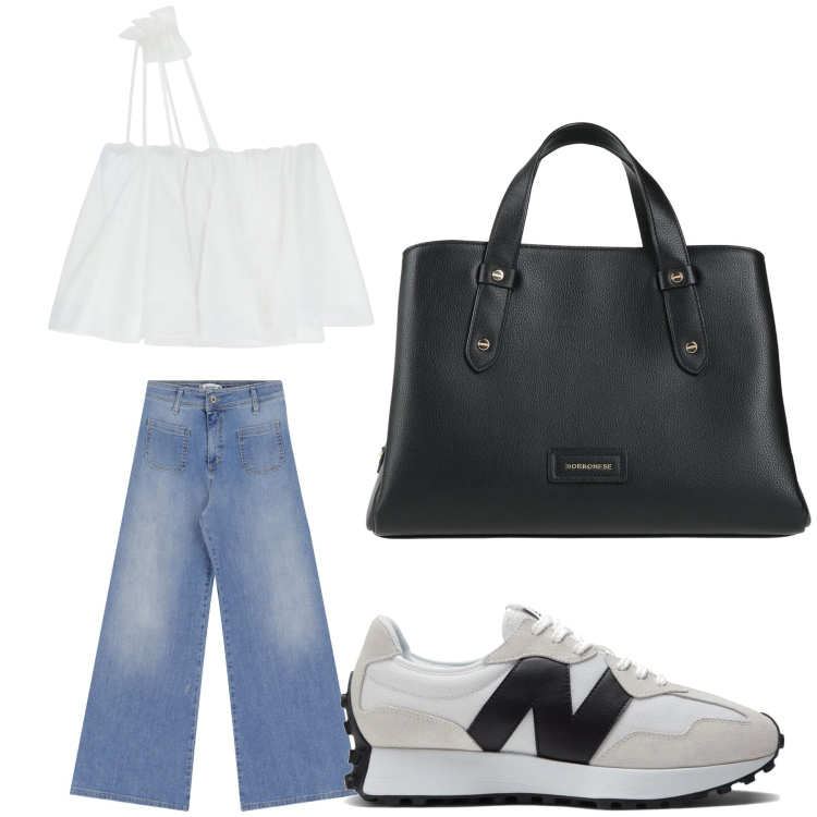 Outfit donna - Aperitivo. Stile Trendy per Tutti i giorni. Abbinamento con borse a mano, sneakers, jeans, top.