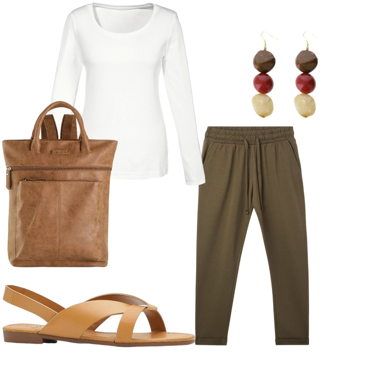 Outfit donna - Casual. Stile Urban per Tutti i giorni. Abbinamento con zaini, maglieria, sandali, pantaloni, orecchini.