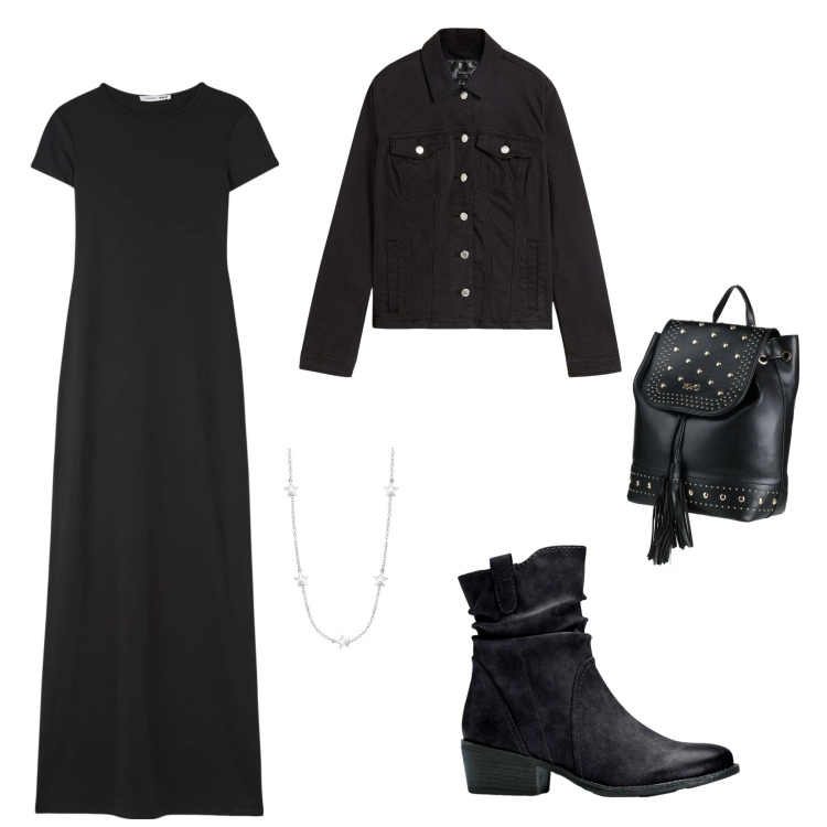 Outfit donna - Dark elegance. Stile Rock per Tutti i giorni. Abbinamento con stivaletti texani, blazer, zaini, vestiti lunghi, collane.