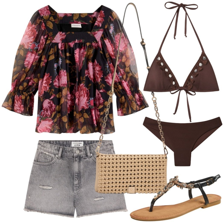 Outfit donna - Concerto e bagno di mezzanotte. Stile Casual chic per Serata fuori. Abbinamento con bluse, bikini, shorts, bikini, sandali gioiello, clutch.